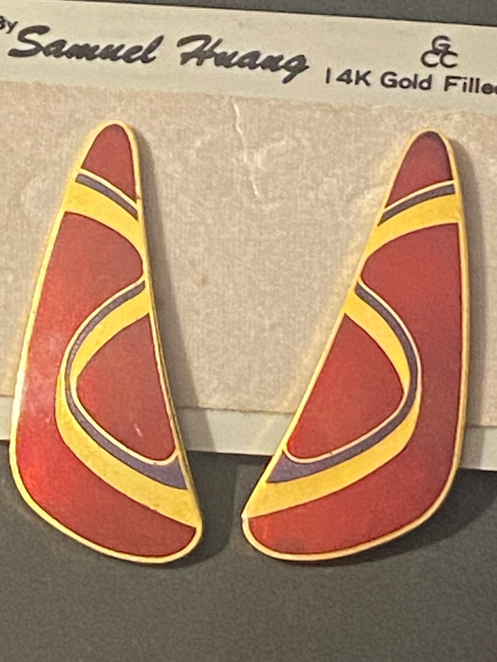VTG Samuel Huang Cloisonné Enamel Post Earrings Red Gold Abstract Wing 14K Fill